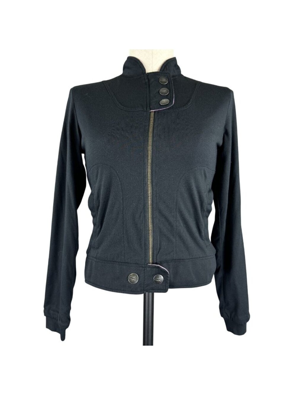 Puma Zip-Up Jacket Womens XS Black Purple Lining Snap Accents Activewear Pockets